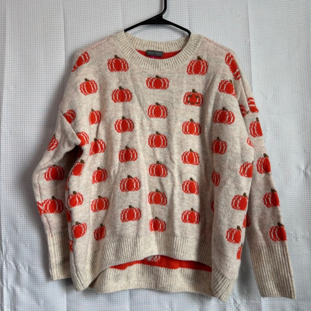 Vince Camuto Pumpkin Sweater Womens Small Cream Orange Fall Halloween Knit Top